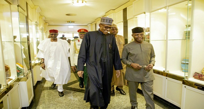 Buhari and Vice President, Yemi Osinbajo at the Presidential Villa