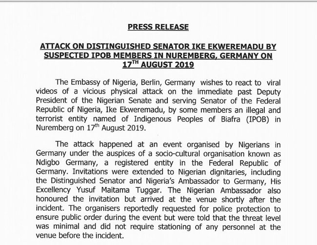 IPOB members who attacked Ike Ekweremadu will be prosecuted under German law- Embassy says