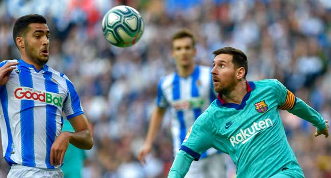 Real Sociedad's Alexander Isak heads for the ball during a Spanish