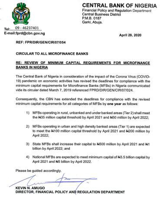 CBN Extends Minimum Capital Requirement Deadlines For Microfinance ...