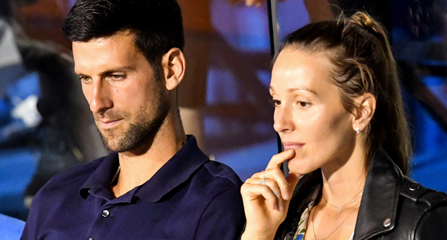 Serbian tennis player Novak Djokovic (L) talks to his wife Jelena during a match at the Adria Tour, Novak Djokovic's Balkans charity tennis tournament in Belgrade on June 14, 2020. Andrej ISAKOVIC / AFP