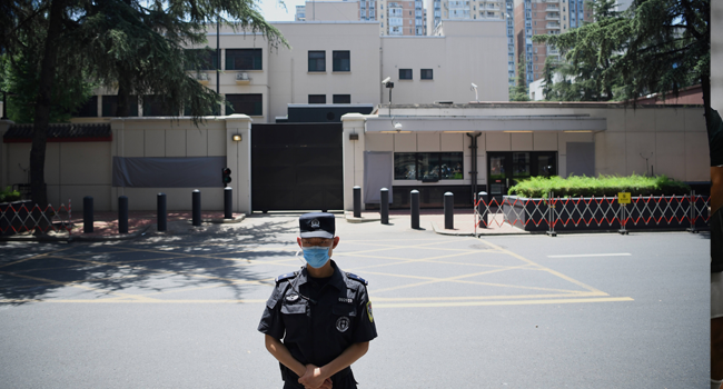 A policeman stands in front of the US Consulate in Chengdu, southwestern China's Sichuan province, on July 27, 2020. Noel Celis / AFP