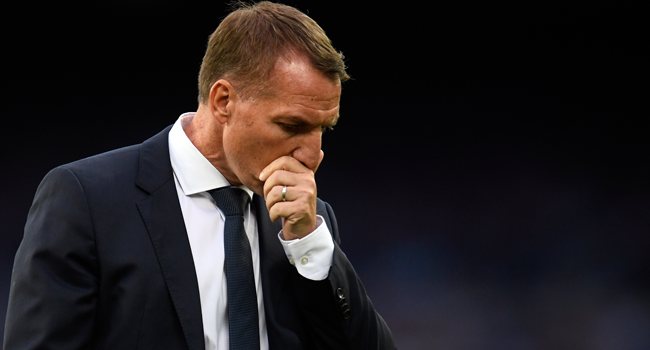 Leicester City's Northern Irish manager Brendan Rodgers reacts after the English Premier League football match between Everton and Leicester City at Goodison Park in Liverpool, north west England on July 1, 2020. PETER POWELL / POOL / AFP