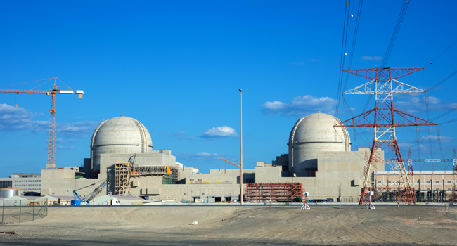 A file photo taken on November 12, 2019 as a handout picture obtained from the media office of the Barakah Nuclear Power Plant on February 13, shows a view of the power plant in the Gharbiya region of Abu Dhabi on the Gulf coastline about 50 kilometres west of Ruwais. Barakah Nuclear Power Plant / AFP