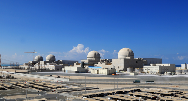  A file photo taken on November 12, 2019 as a handout picture obtained from the media office of the Barakah Nuclear Power Plant on February 13, shows a general view of the power plant in the Gharbiya region of Abu Dhabi on the Gulf coastline about 50 kilometres west of Ruwais. Barakah Nuclear Power Plant / AFP