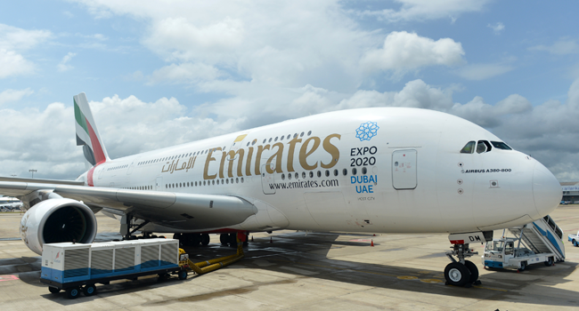 In this file photo taken on June 26, 2015 an Emirates Airbus A380 aircraft sits on the tarmac at the Bandaranaike International Airport in Katunayake. Ishara S. KODIKARA / AFP