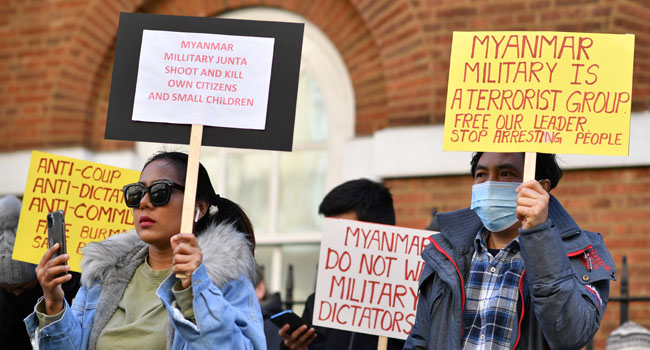 Myanmar's Ambassador to the United Kingdom, Kyaw Zwar Minn gestures outside the Myanmar Embassy in London on April 8, 2021. Britain on Thursday condemned "bullying" by the Myanmar junta after the country's ambassador to London was ousted in an extraordinary diplomatic coup after calling for the release of civilian leader Aung San Suu Kyi. Ben STANSALL / AFP