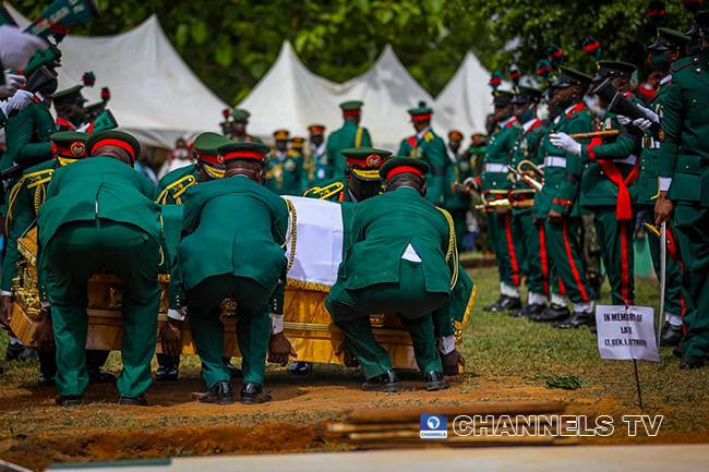 The late Chief of Army Staff, Lieutenant-General Ibrahim Attahiru and 10 other officers were buried on May 22, 2021 at the National Military Cemetery in Abuja. Sodiq Adelakun/Channels Television