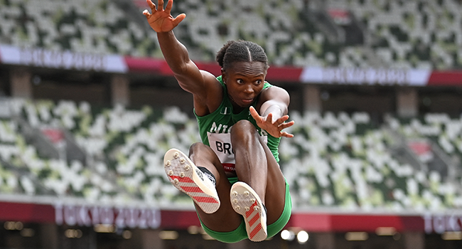 Nigeria's Ese Brume competes in the women's long jump final during the Tokyo 2020 Olympic Games at the Olympic Stadium in Tokyo on August 3, 2021. Andrej ISAKOVIC / AFP