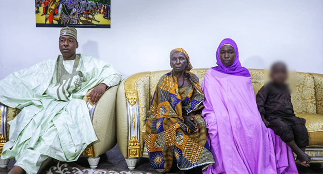 Ruth Ngladar Pogu (R) and her mother with Governor Babagana Zulum at the Borno State Government House on August 7, 2021.