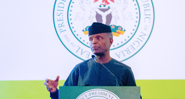 Vice President Yemi Osinbajo SAN delivers a speech during the Two-Day Mid-Term Ministerial Performance Review Retreat in the State House, Abuja on October 11, 2021. Photos: Tolani Alli