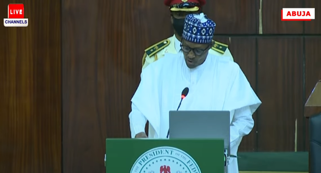 President Muhammadu Buhari makes a budget presentation speech at the National Assembly on October 7, 2021.