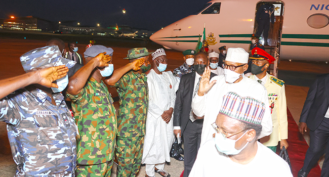 President Muhammadu Buhari arrived in Nigeria from Saudi Arabia on October 29, 2021. Sunday Aghaeze/State House