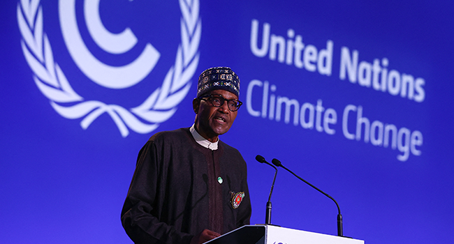 Nigeria's President Muhammadu Buhari makes a national statement on the second day of the COP26 UN Climate Summit in Glasgow on November 2, 2021. Adrian DENNIS / AFP / POOL