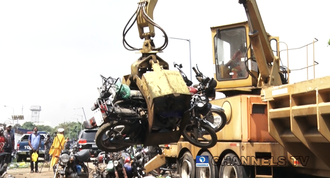 The Lagos State Government crushed seized motorcycles on November 20, 2021.