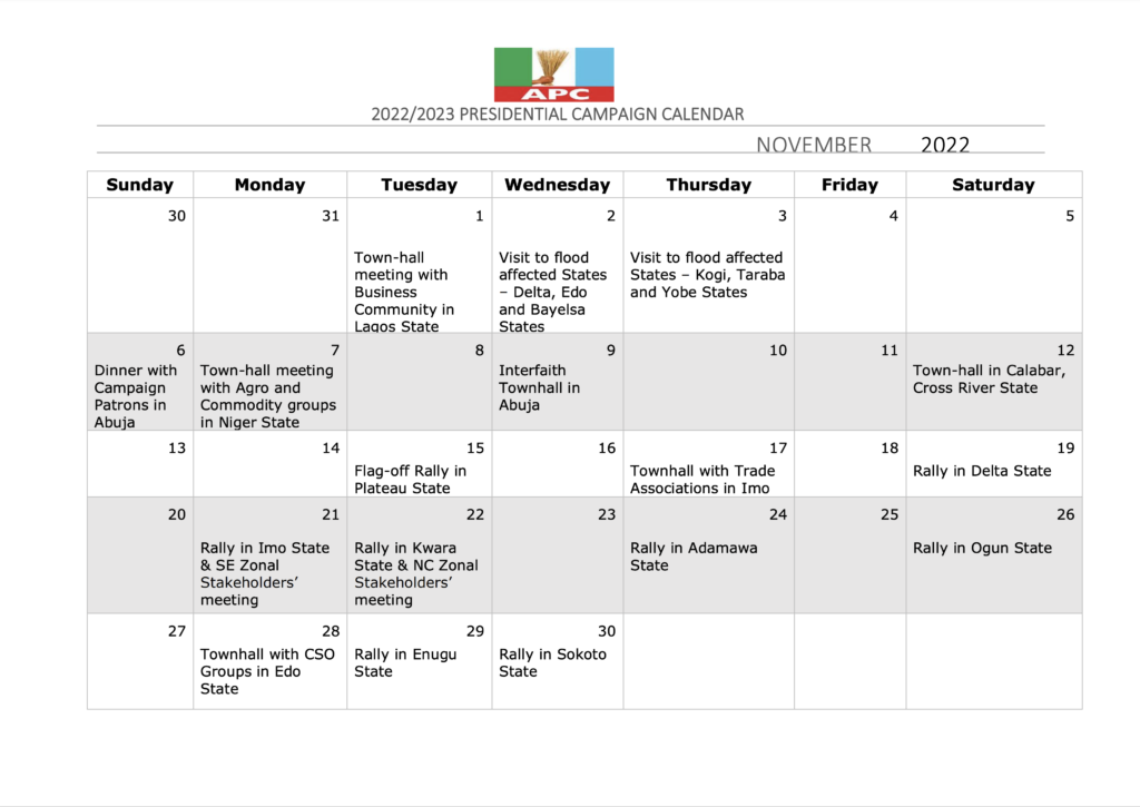 APC Presidential Campaign Council Releases 2023 Campaign Calendar