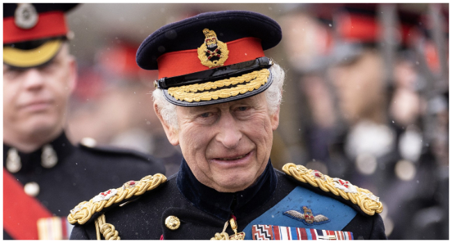 Britain's King Charles III inspects graduating officer cadets march during the 200th Sovereign's Parade at the Royal Military Academy, Sandhurst, southwest of London on April 14, 2023. (Photo by Dan Kitwood / POOL / AFP)