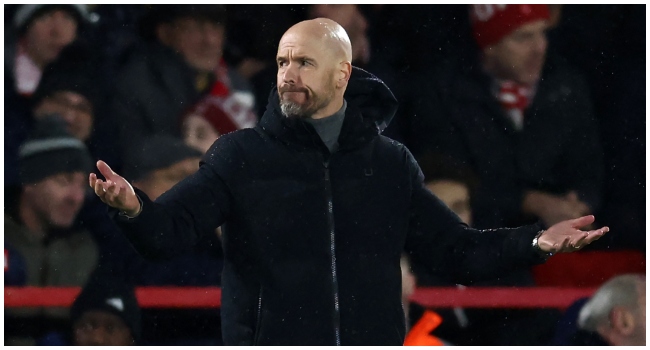 Manchester United's Dutch manager Erik ten Hag gestures on the touchline during the English Premier League football match between Nottingham Forest and Manchester United at The City Ground in Nottingham, central England, on December 30, 2023.