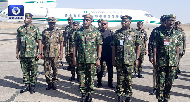 Chief of Army Staff Lt. Gen Taoreed Lagbaja, Chief of Air Staff Air Marshall Hassan Abubakar and Chief of Naval Staff Vice Admiral Emmanuel Ogalla