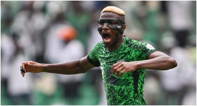 Nigeria's forward #9 Victor Osimhen gestures during the Africa Cup of Nations (CAN) 2024 group A football match between Nigeria and Equatorial Guinea at the Alassane Ouattara Stadium in Ebimpe, Abidjan, on January 14, 2024.