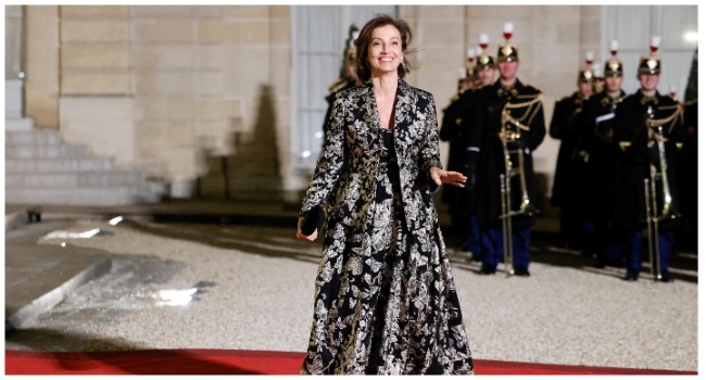 UNESCO General Director Audrey Azoulay arrive at the Elysee Palace, in Paris on February 27, 2024. (Photo by Ludovic MARIN / AFP)