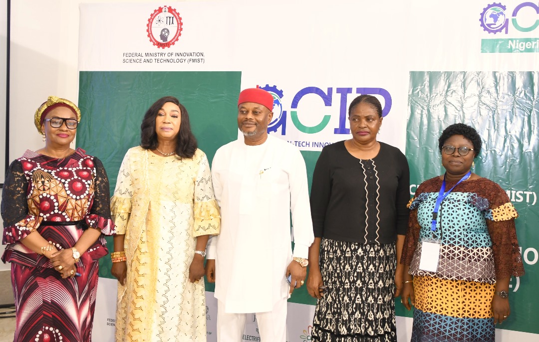 Minister Of Innovation, Science and Technology, Uche Nnaji (Middle) flanked by Permanent Secretary to the Ministry, Mrs Esuabana Nko Asanye (2nd right) and Hon Minister of, Federal Ministry of Budget and Economic Planning represented by Mrs Elizabeth Eghareba (left). Minister Federal Ministry of Finance represented by Mrs Olawayemi Egundebi (right). Hon Doris Uboh (2nd left), at the launching of the National Cleantech Innovation Entrepreneurship Ecosystem (CIEE) in Abuja. 