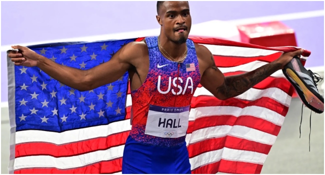 The United States’ Quincy Hall celebrates after winning the men's 400m final at the Paris 2024 Olympic Games on Wednesday. Photo: Martin Bernetti/AFP